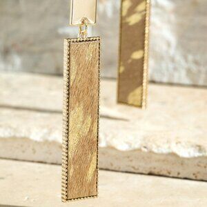 Gold Leather Drop Earrings Faux Tan Cowhide Texture